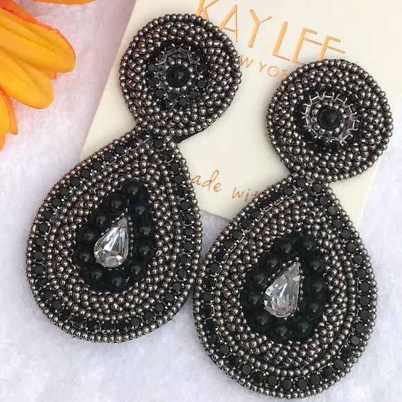 Kay Lee Jewelry - Large Boho Seed Bead Post Drop Rhinestone Earrings